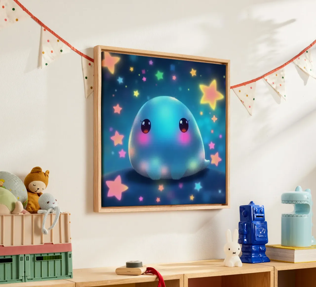 Cute glowing creature surrounded by colorful stars canvas by DesignDoodle