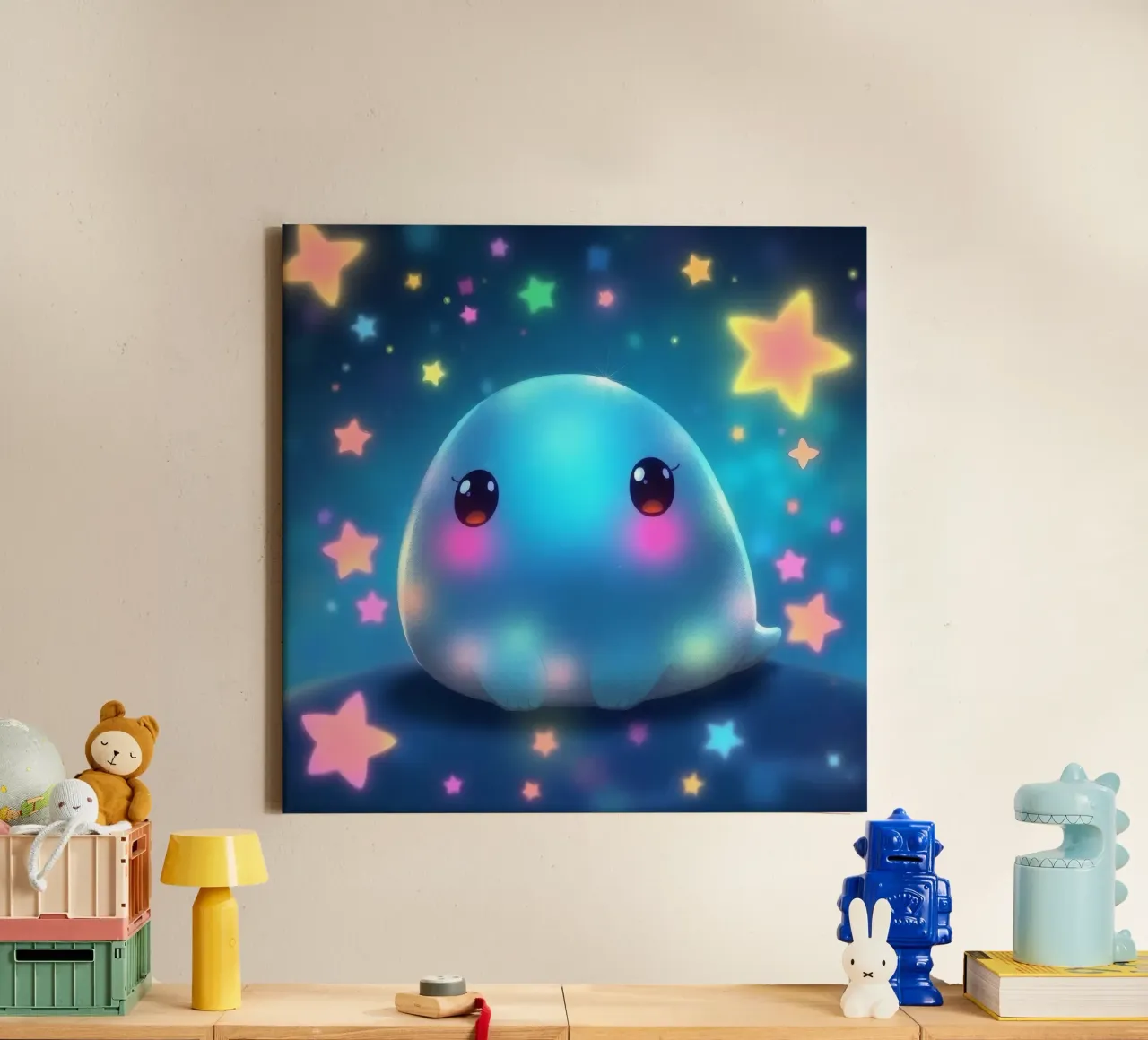 Cute glowing creature surrounded by colorful stars canvas by DesignDoodle