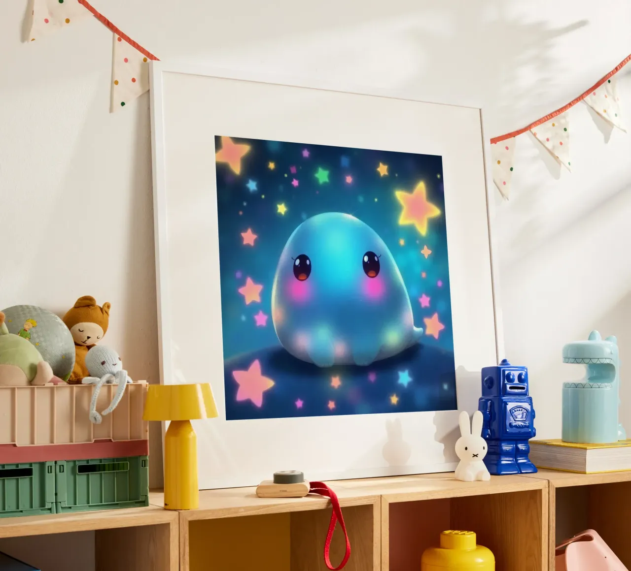 Simpatica creatura luminosa circondata da stelle colorate carta hahnemühle da DesignDoodle