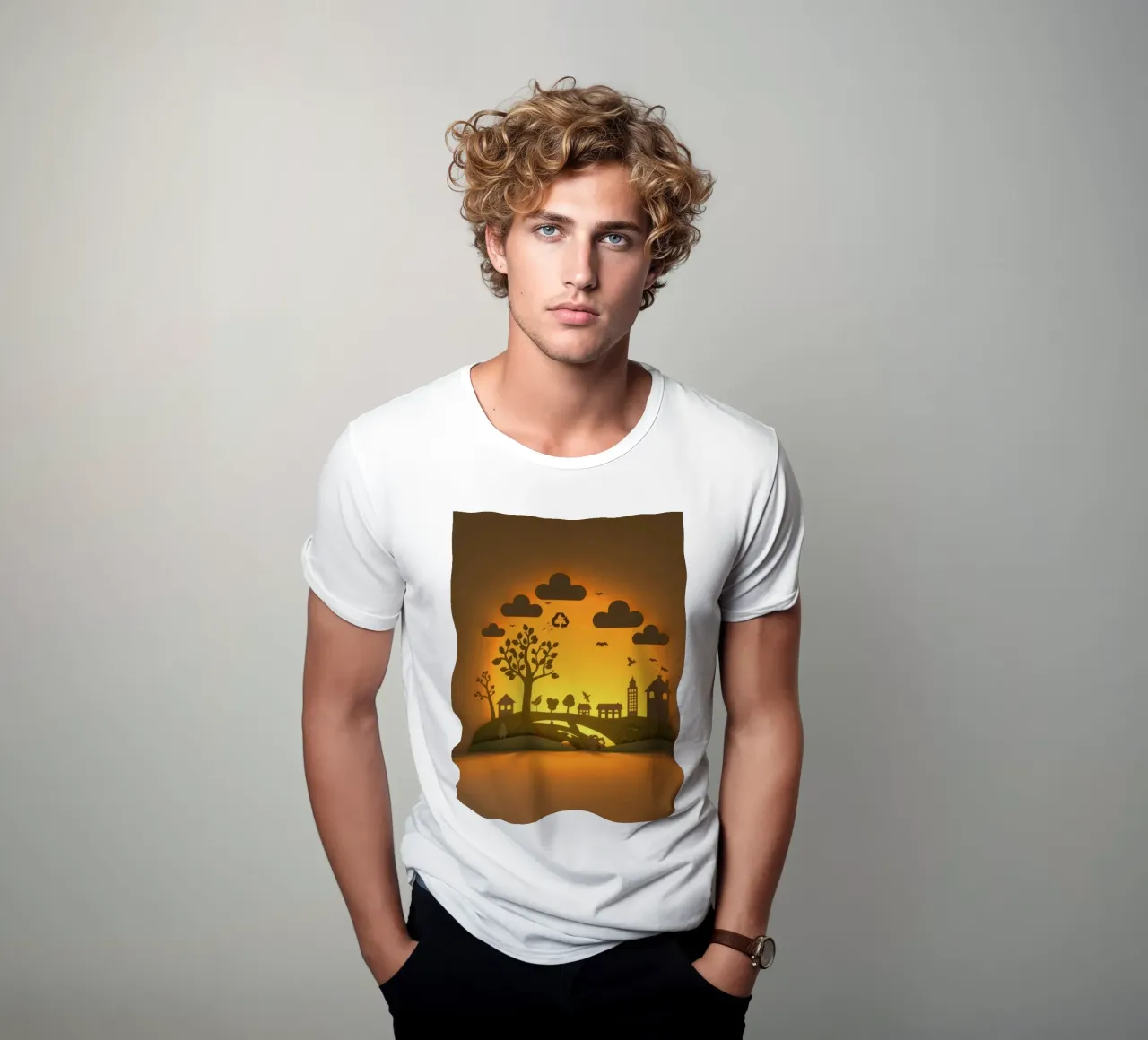 Creative paper art showcases a tranquil countryside scene t-shirt by DesignDoodle