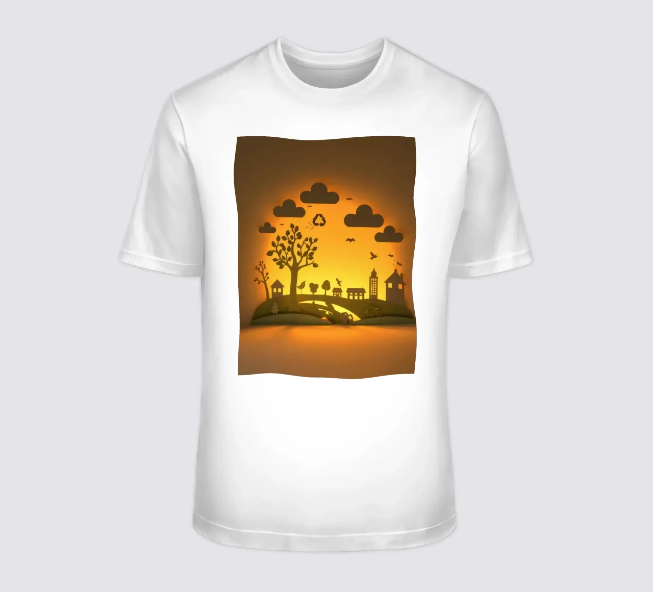 Creative paper art showcases a tranquil countryside scene t-shirt by DesignDoodle