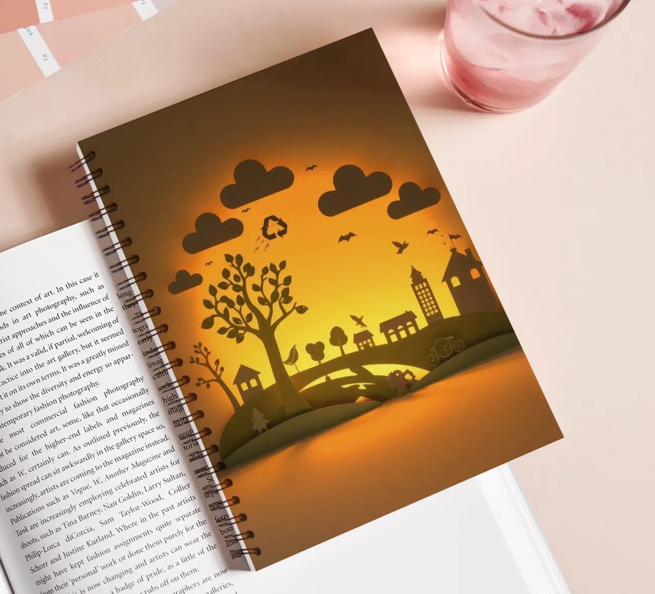 Creative paper art showcases a tranquil countryside scene spiral notebook by DesignDoodle
