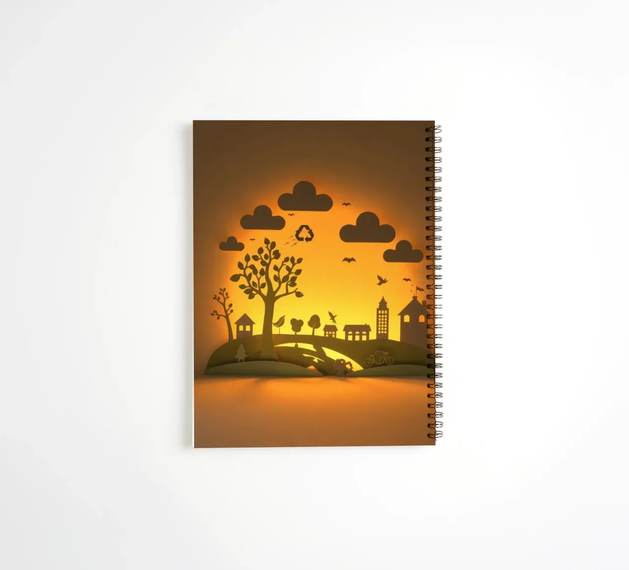 Creative paper art showcases a tranquil countryside scene spiral notebook by DesignDoodle