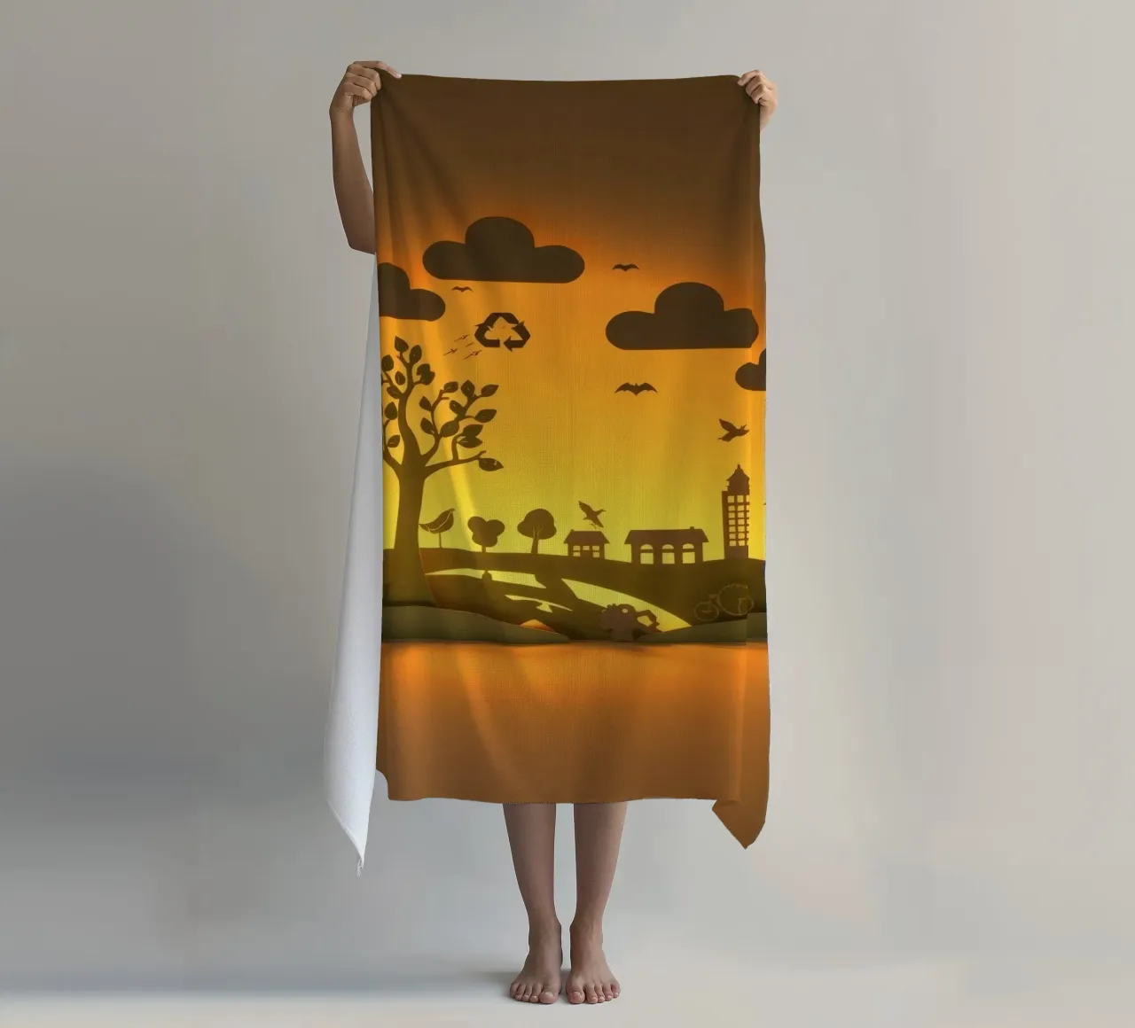 Creative paper art showcases a tranquil countryside scene beach towel by DesignDoodle