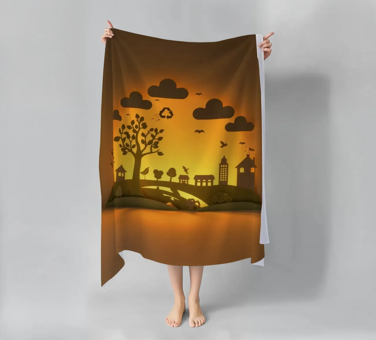 Creative paper art showcases a tranquil countryside scene beach towel by DesignDoodle