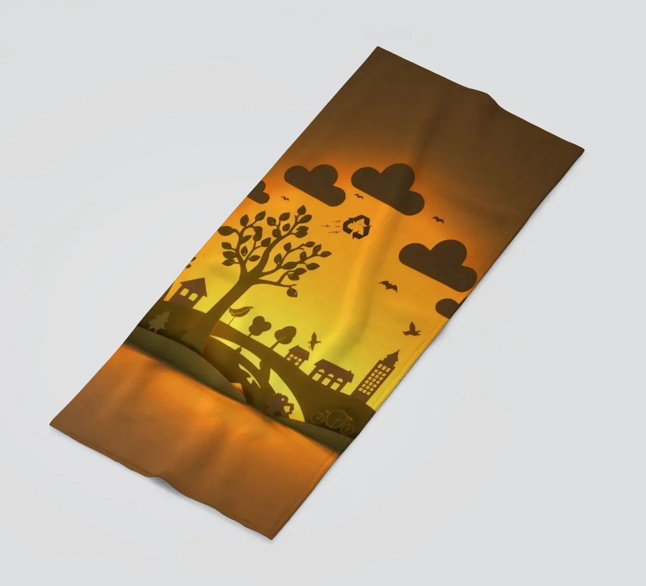 Creative paper art showcases a tranquil countryside scene beach towel by DesignDoodle