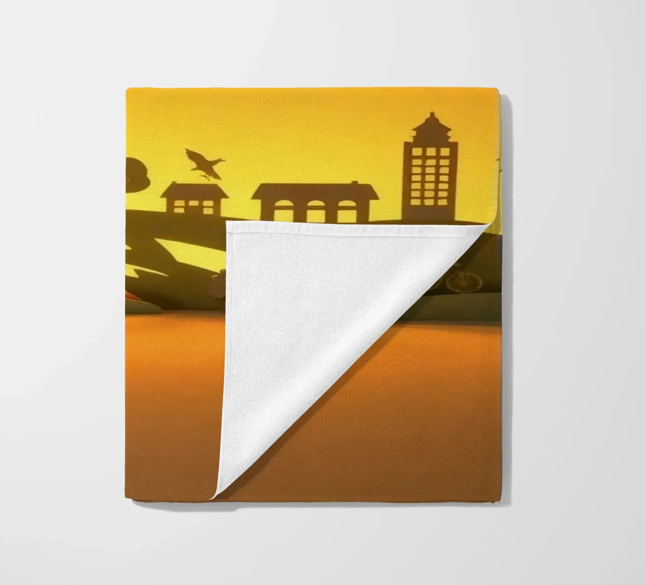 Creative paper art showcases a tranquil countryside scene beach towel by DesignDoodle