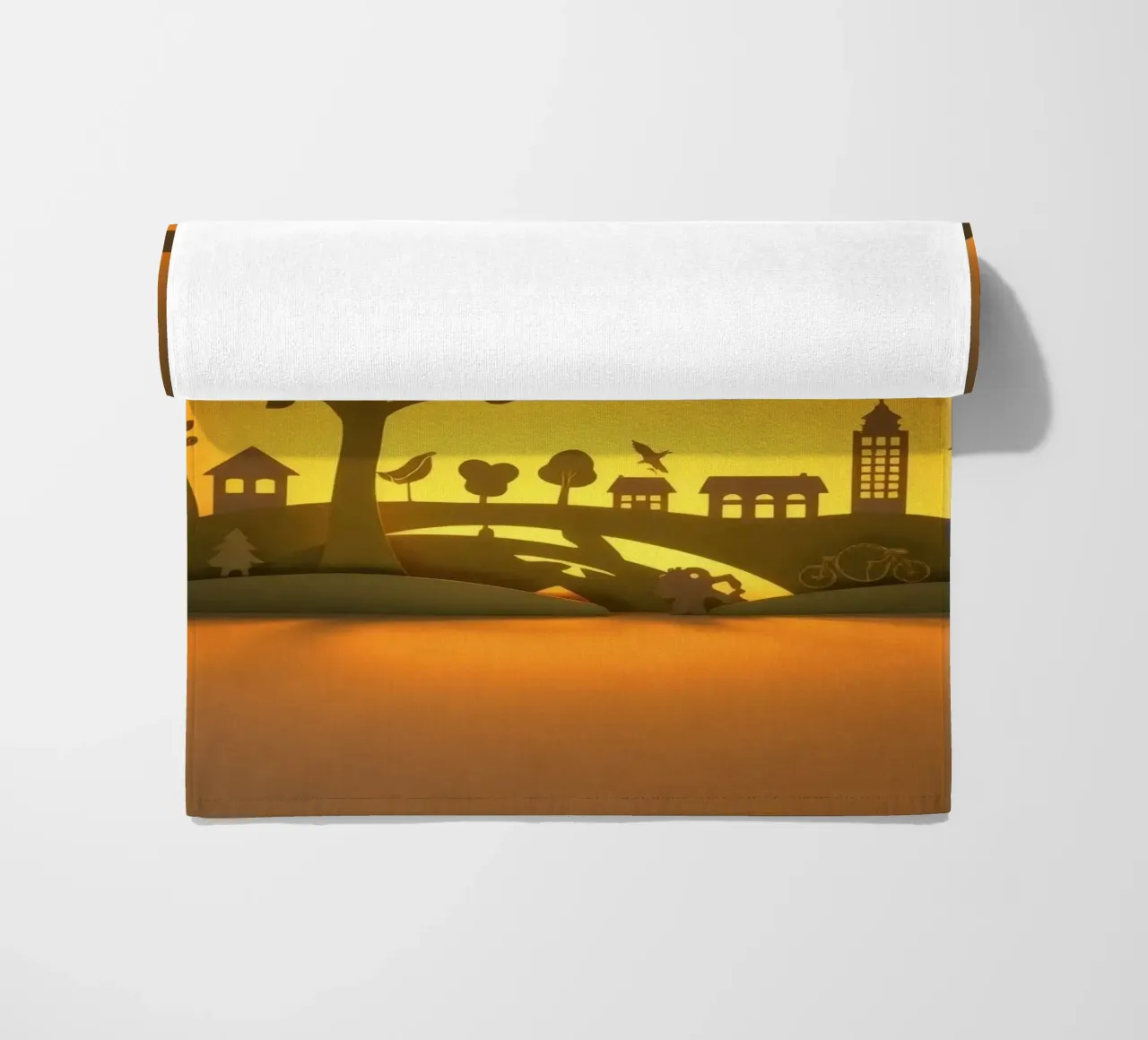 Creative paper art showcases a tranquil countryside scene beach towel by DesignDoodle