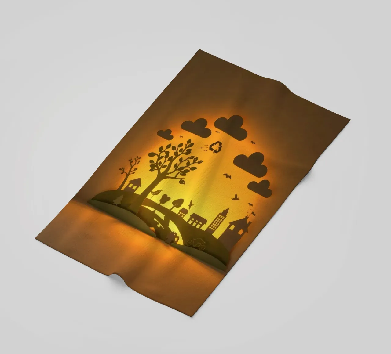 Creative paper art showcases a tranquil countryside scene beach towel by DesignDoodle