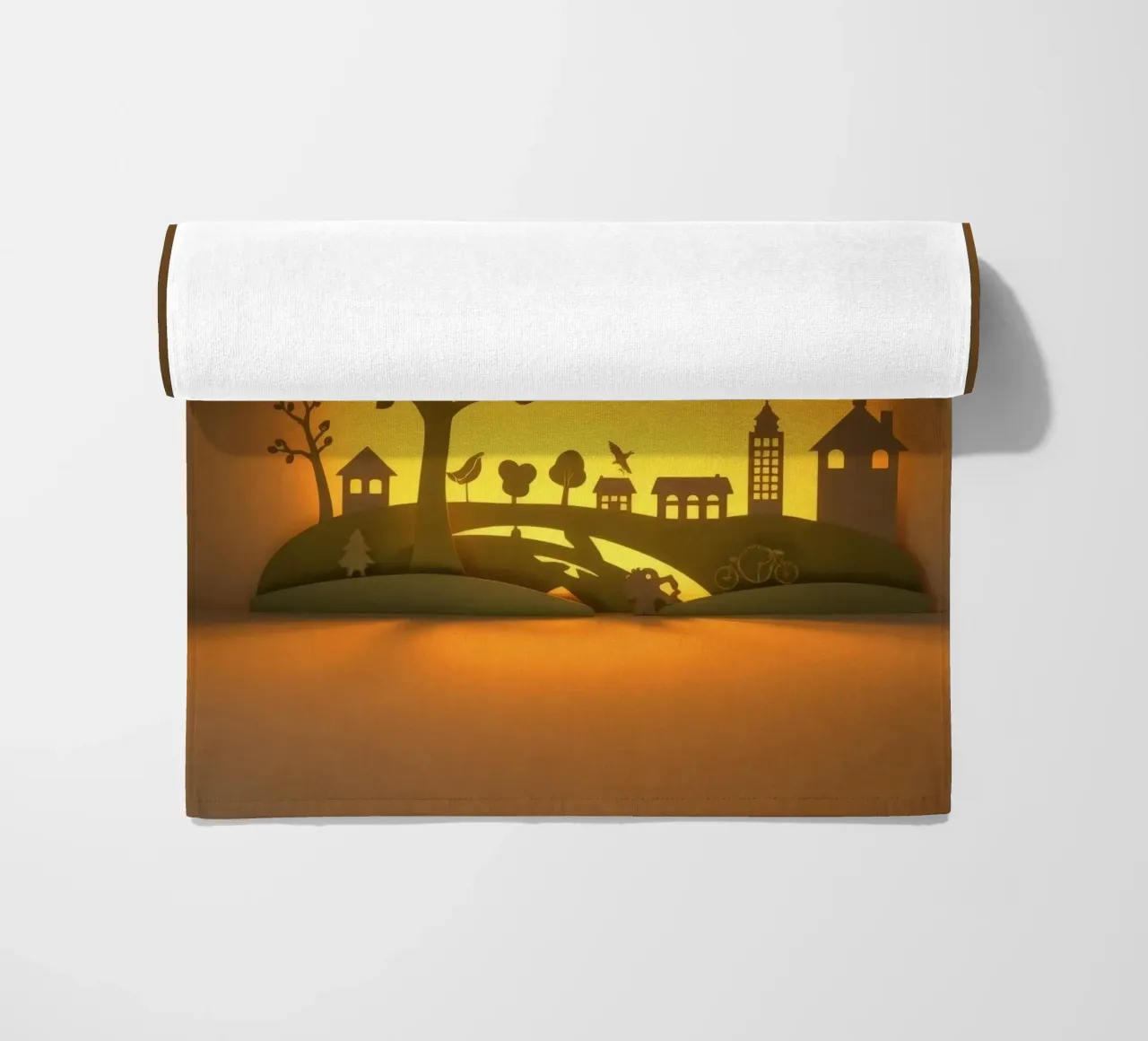 Creative paper art showcases a tranquil countryside scene beach towel by DesignDoodle