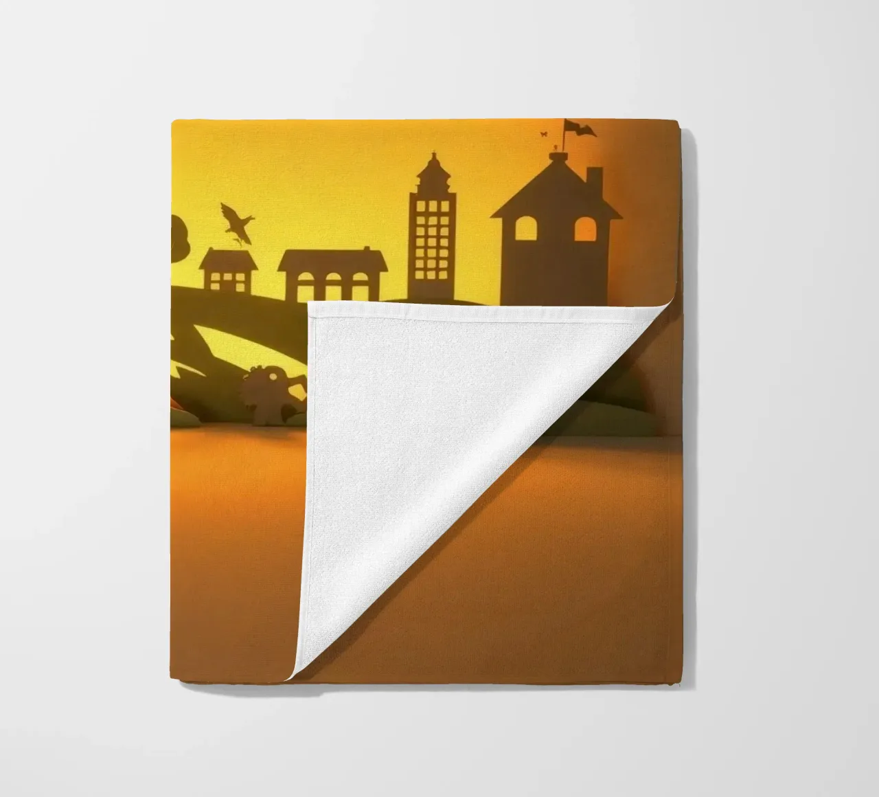 Creative paper art showcases a tranquil countryside scene beach towel by DesignDoodle