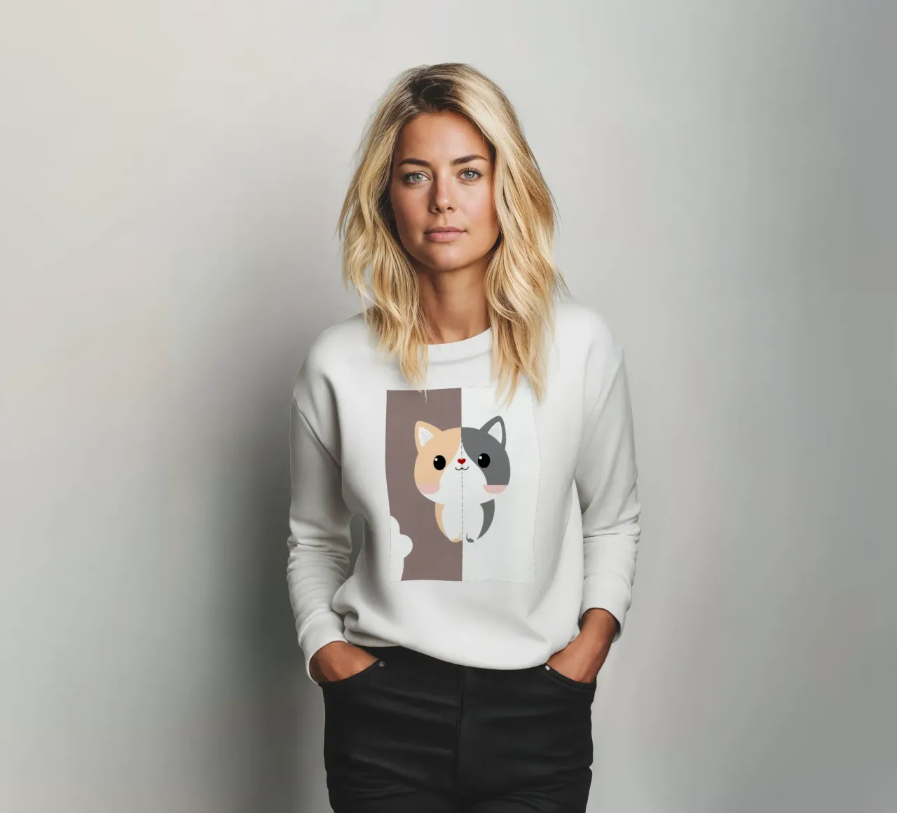 Simpatico gatto dei cartoni animati con design a colori divisi in uno stile giocoso felpa da DesignDoodle