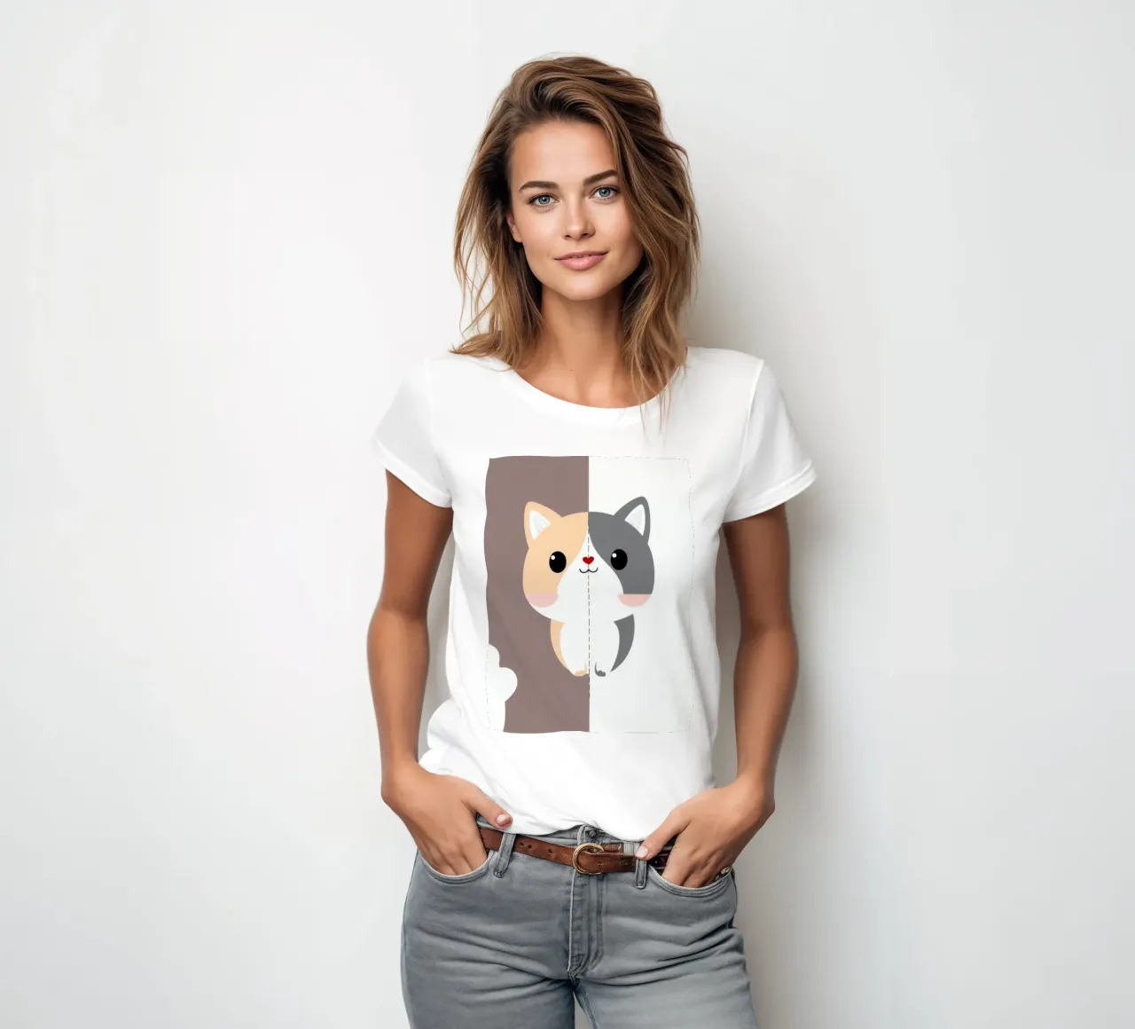 Cute cartoon cat with split color design in a playful style women's fitted t-shirt by DesignDoodle