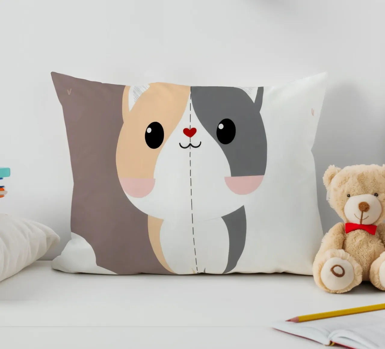 Simpatico gatto dei cartoni animati con design a colori divisi in uno stile giocoso cuscino da DesignDoodle