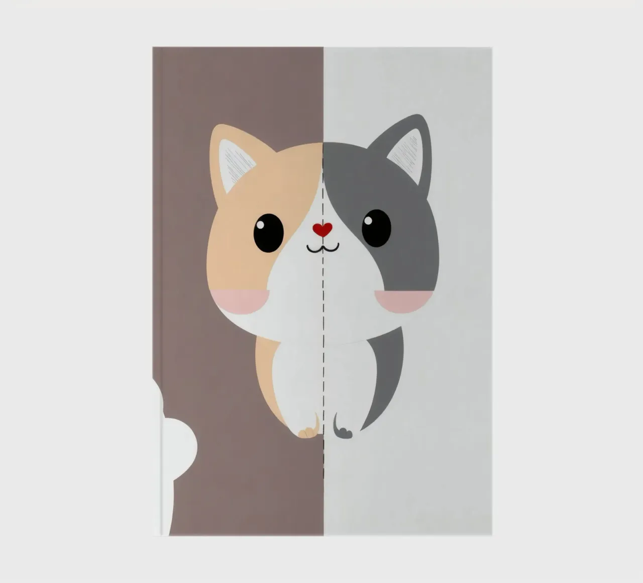 Cute cartoon cat with split color design in a playful style notebook by DesignDoodle