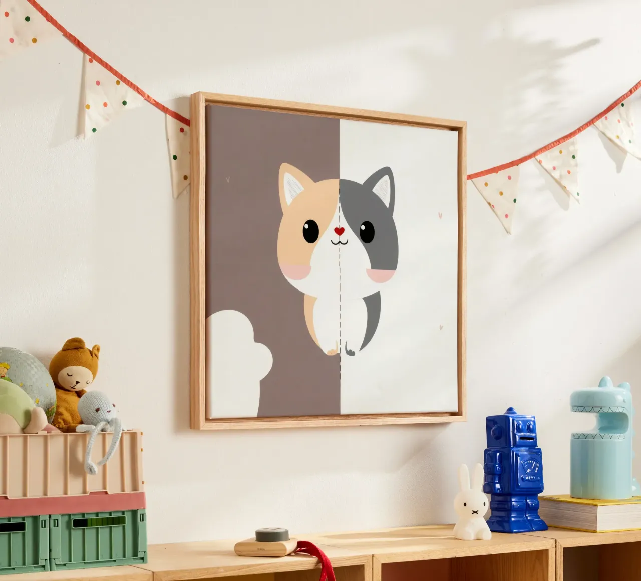 Cute cartoon cat with split color design in a playful style canvas by DesignDoodle