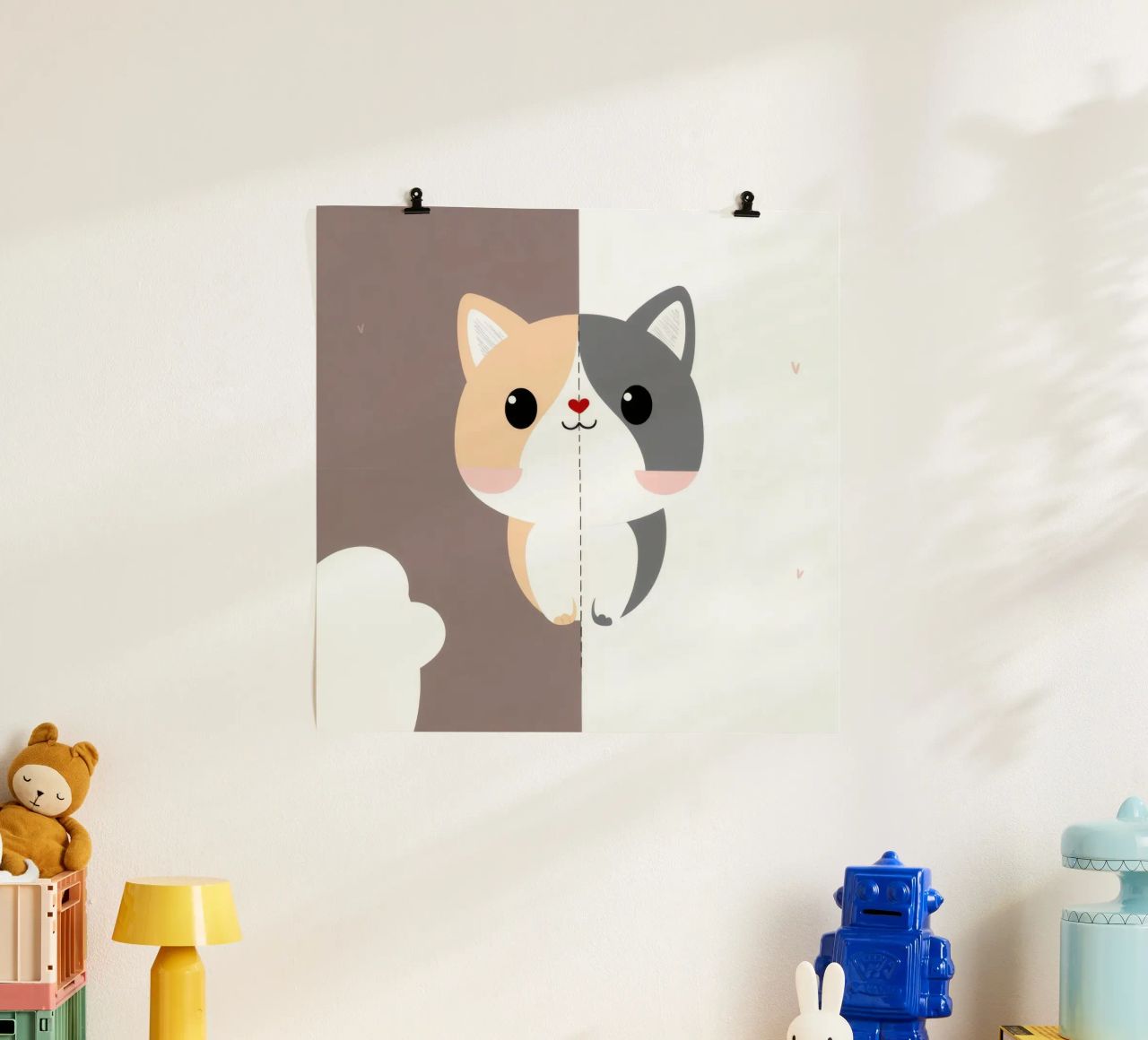 Niedliche Cartoon-Katze mit geteiltem Farbdesign im verspielten Stil Poster von DesignDoodle