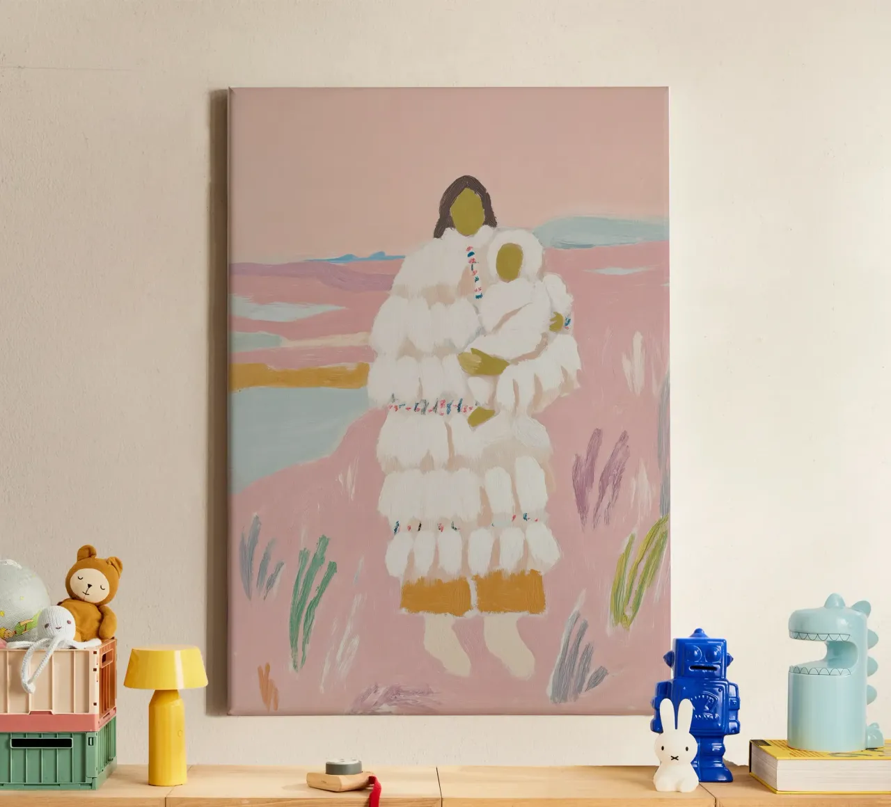 Pastel Folk Print, Abstracte Kunst, Vrouw en Baby Print canvas met Baklijst van Boheme