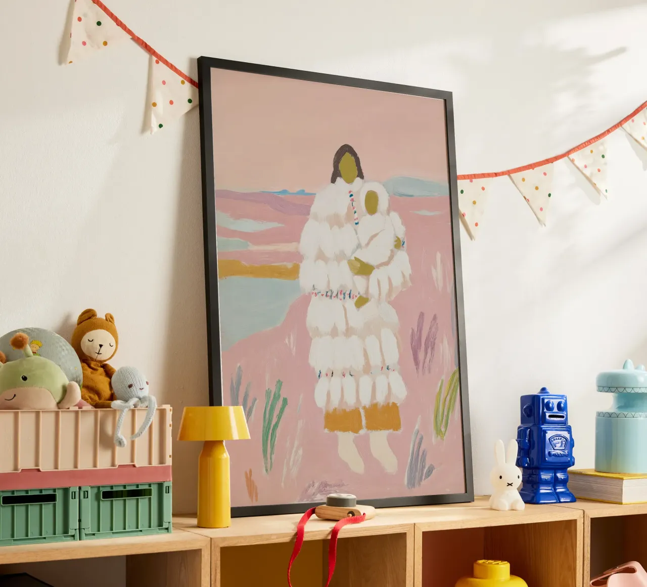 Pastel Folk Print, Abstracte Kunst, Vrouw en Baby Print poster van Boheme