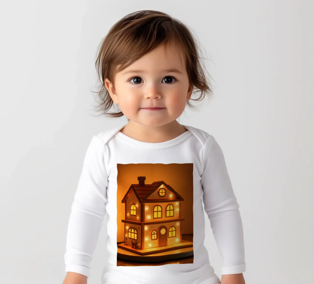 Decorative wooden house lamp with warm lights long-sleeve baby romper by DesignDoodle