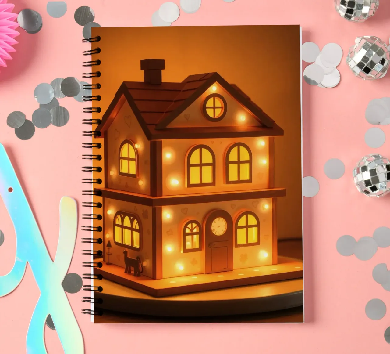 Decorative wooden house lamp with warm lights spiral notebook by DesignDoodle