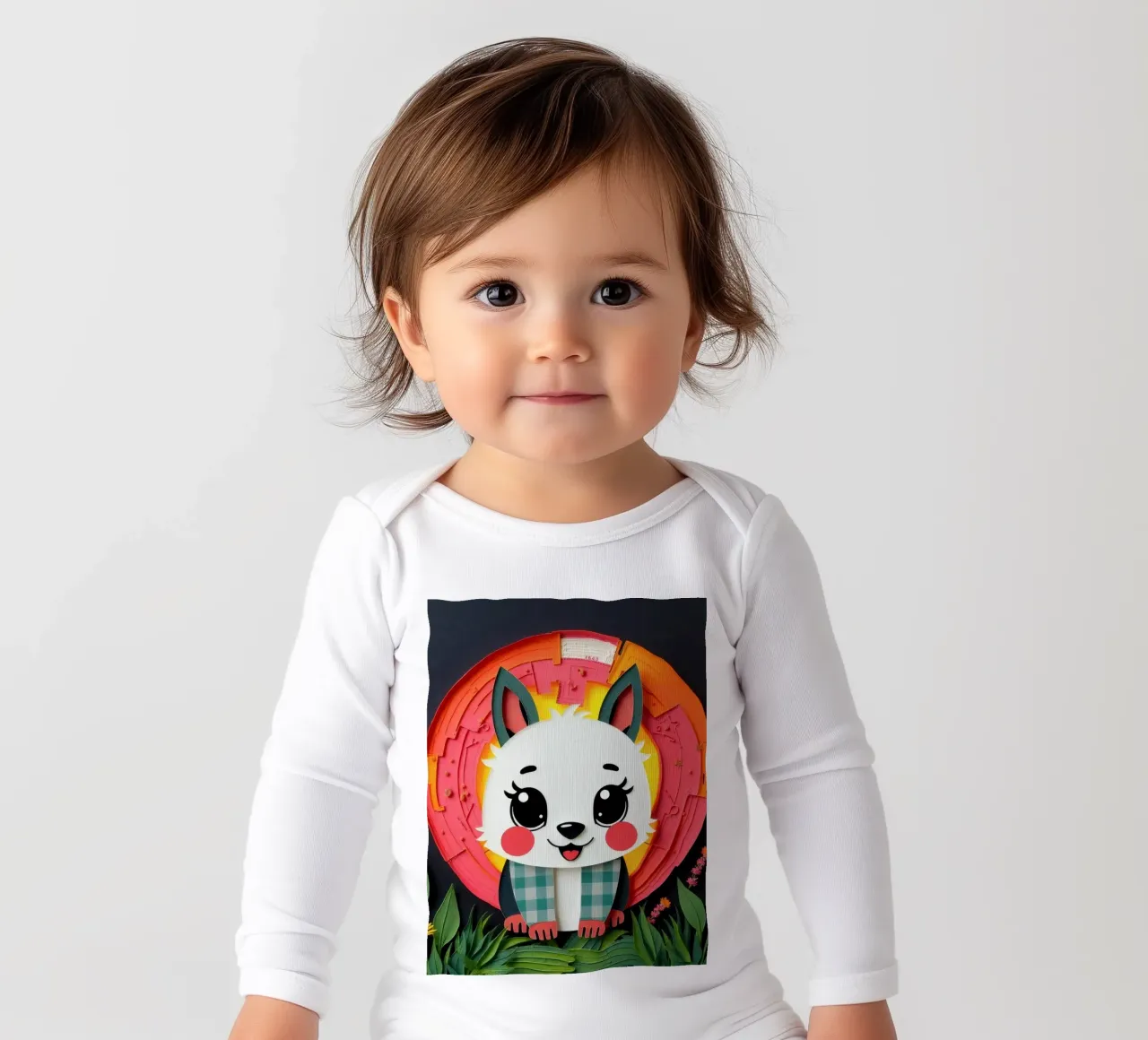 Cute paper-crafted animal with background of sun and flowers long-sleeve baby romper by DesignDoodle