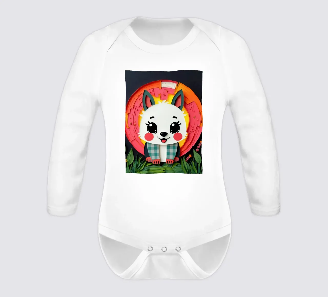 Cute paper-crafted animal with background of sun and flowers long-sleeve baby romper by DesignDoodle