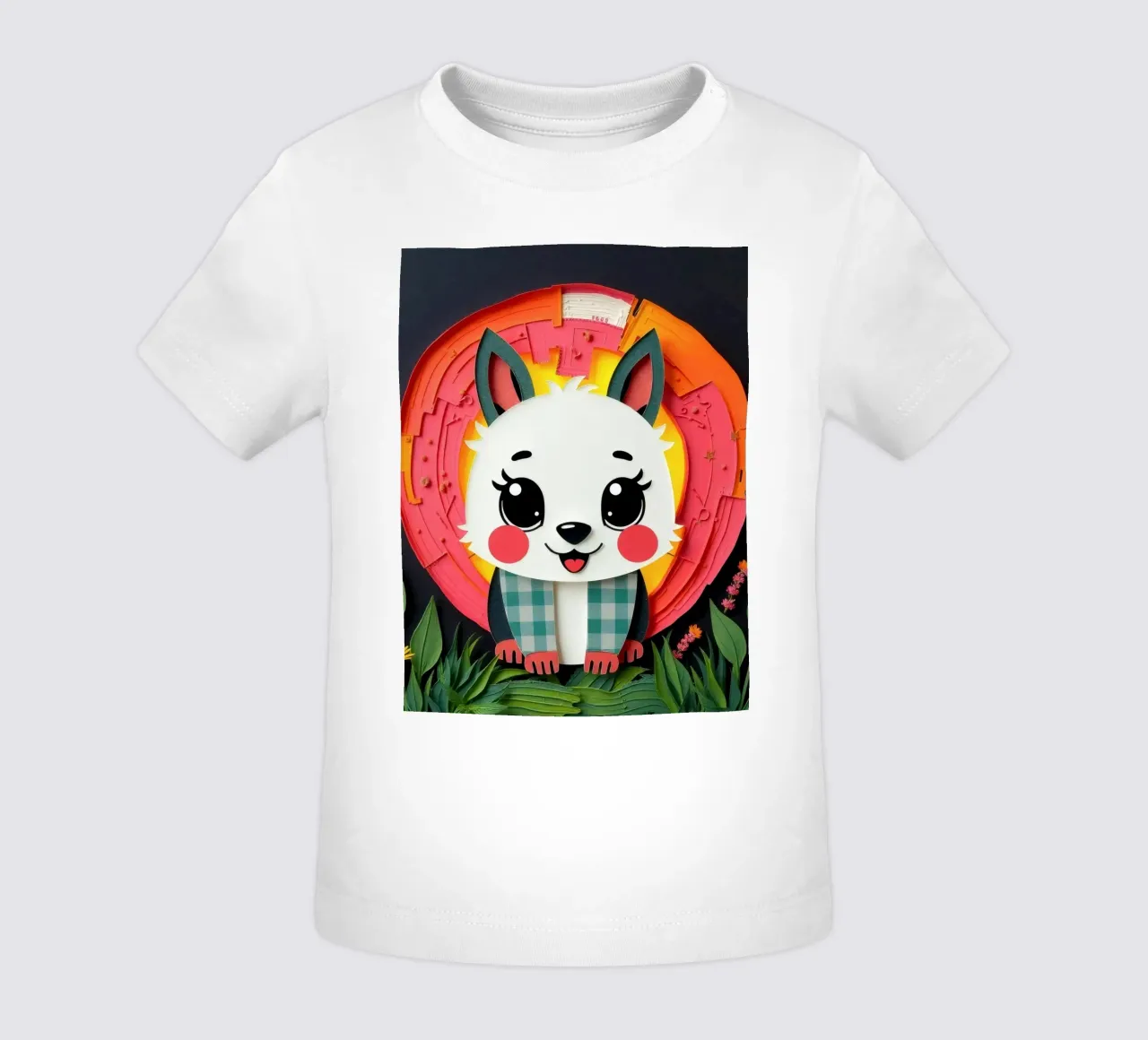Cute paper-crafted animal with background of sun and flowers baby t-shirt by DesignDoodle