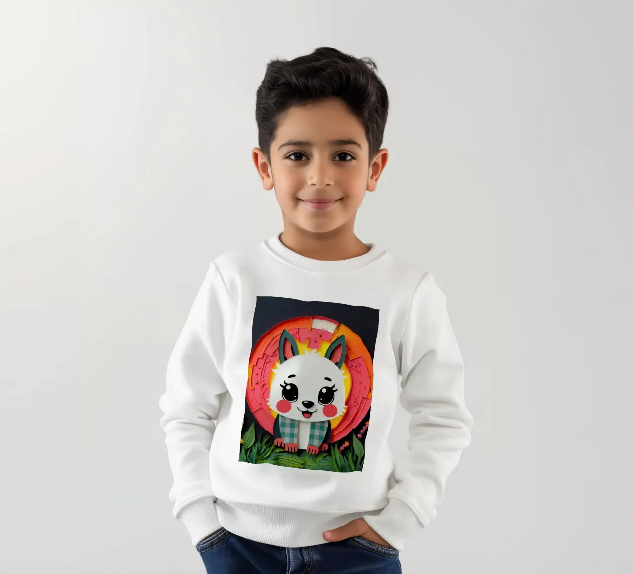 Niedliches Papier-Basteltier mit Hintergrund aus Sonne und Blumen Kinder Sweatshirt von DesignDoodle