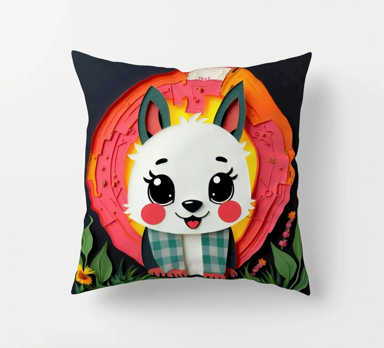 Cute paper-crafted animal with background of sun and flowers decorative cushion by DesignDoodle