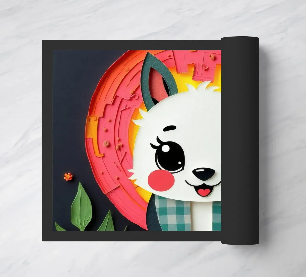 Cute paper-crafted animal with background of sun and flowers doormat by DesignDoodle