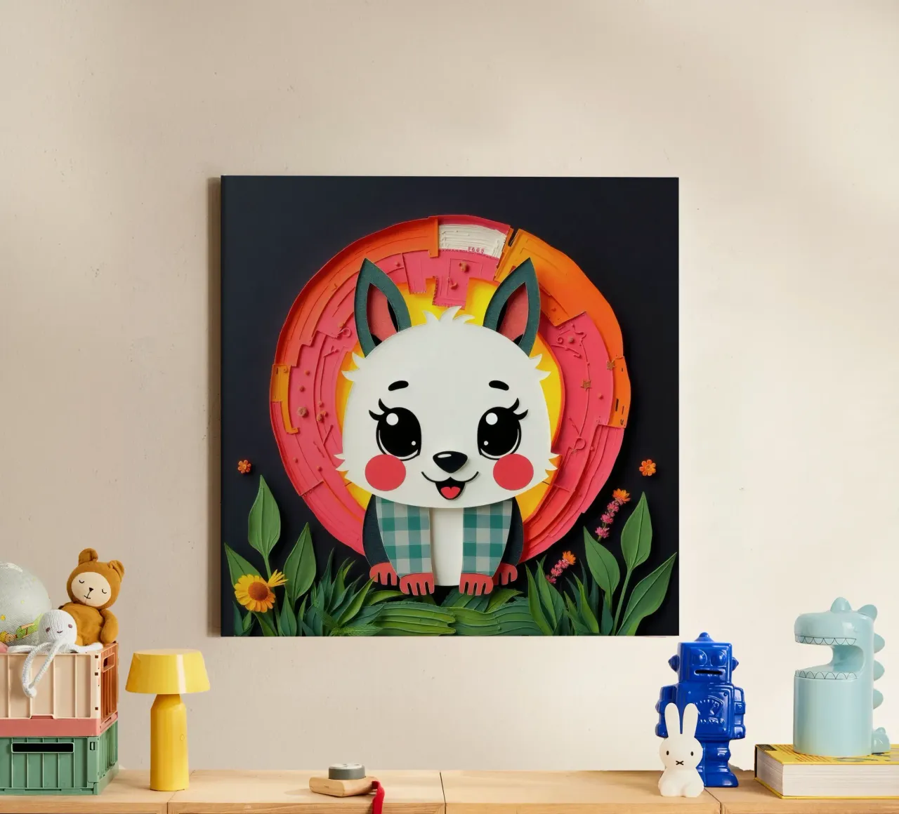 Niedliches Papier-Basteltier mit Hintergrund aus Sonne und Blumen Leinwand von DesignDoodle