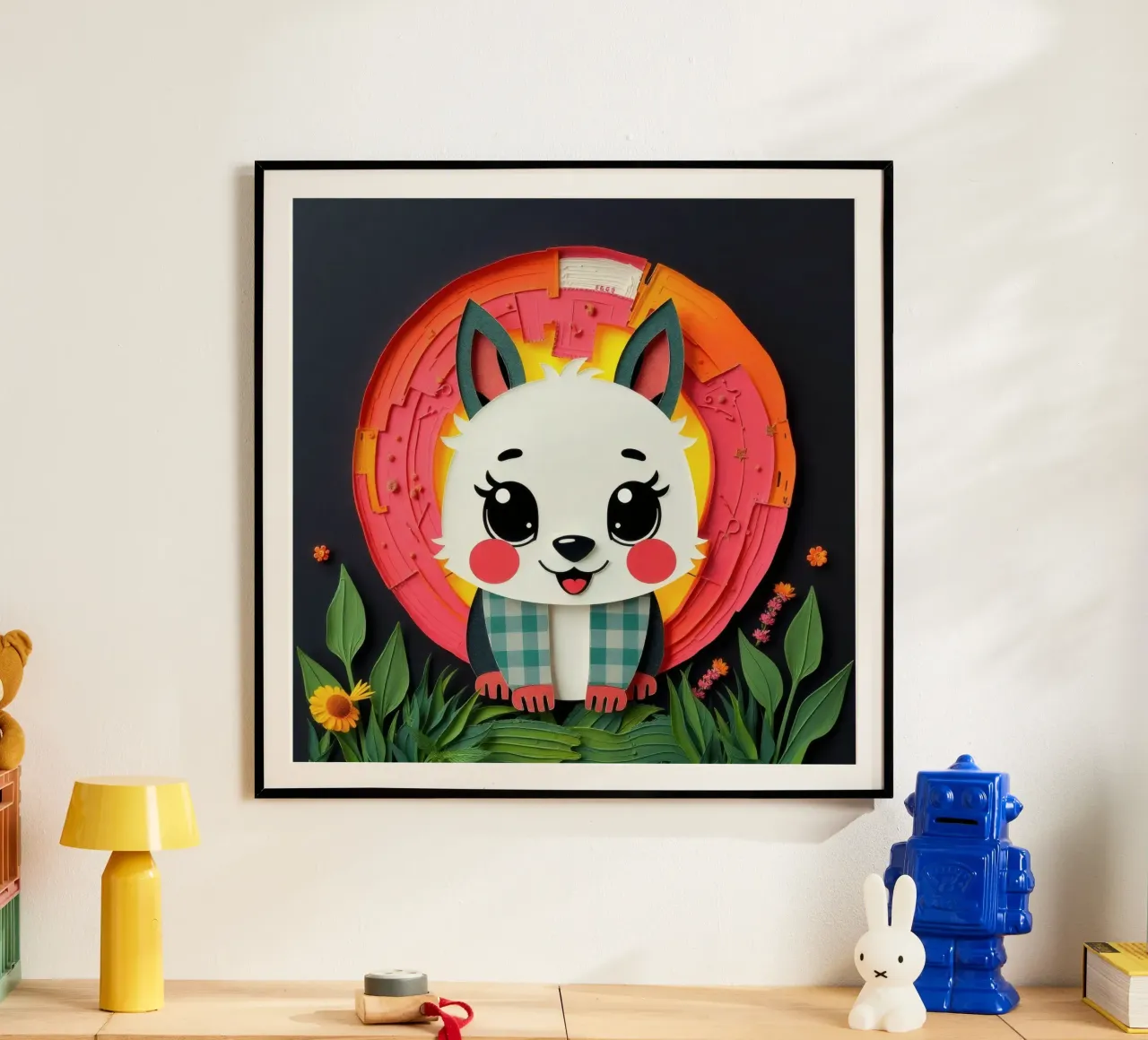 Cute paper-crafted animal with background of sun and flowers poster by DesignDoodle