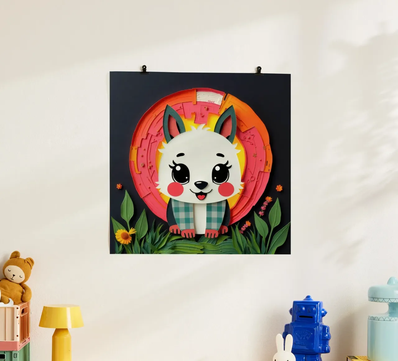 Cute paper-crafted animal with background of sun and flowers poster by DesignDoodle