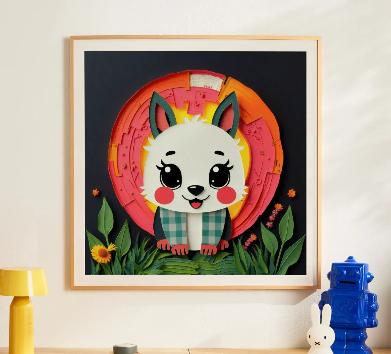 Cute paper-crafted animal with background of sun and flowers poster by DesignDoodle