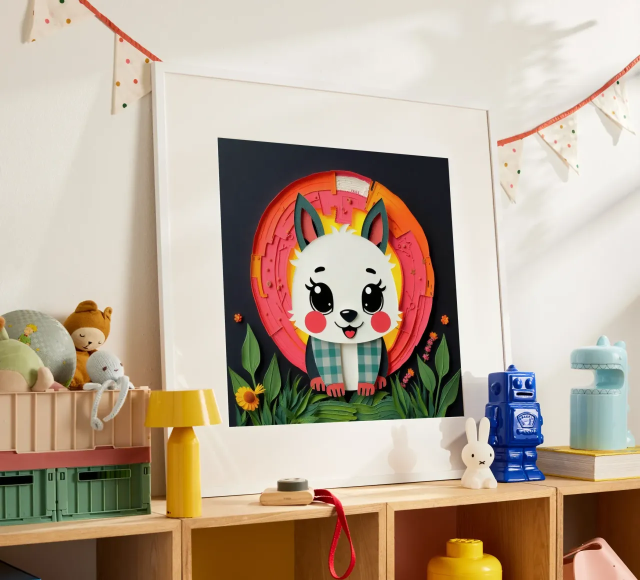 Cute paper-crafted animal with background of sun and flowers poster by DesignDoodle