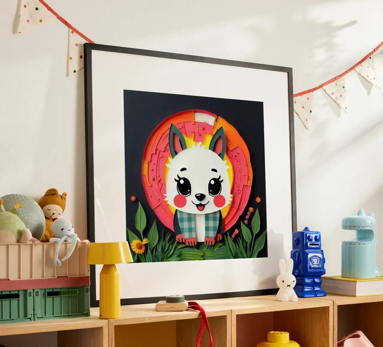 Cute paper-crafted animal with background of sun and flowers poster by DesignDoodle