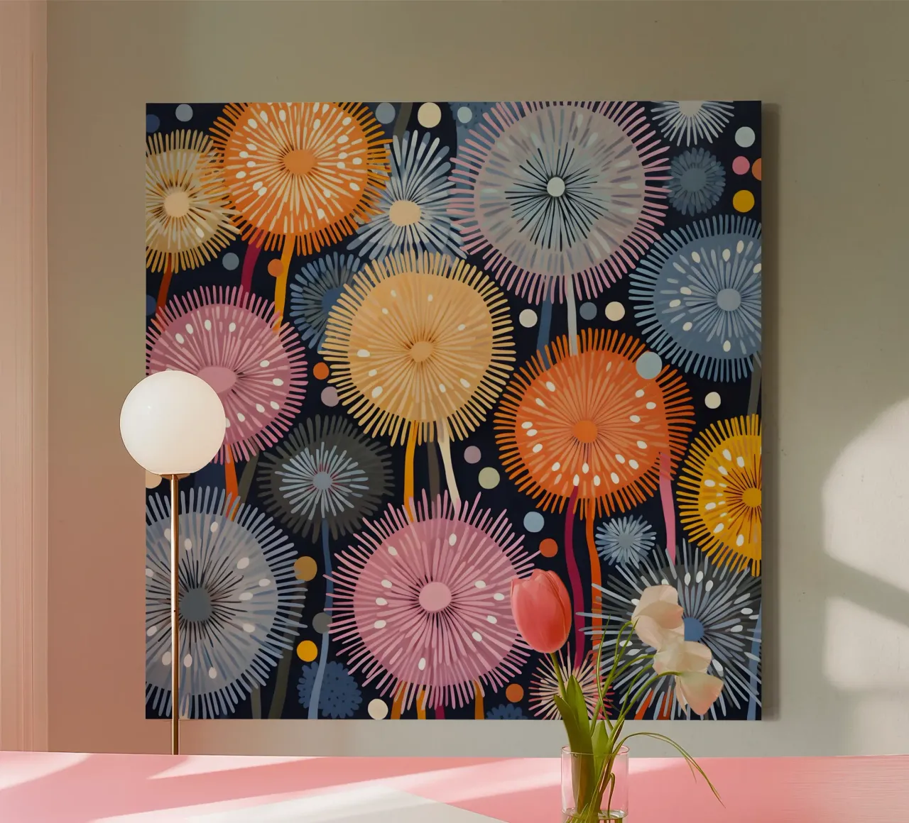 Uitbarstende paardenbloemen canvas met Baklijst van Botanical Pattern House