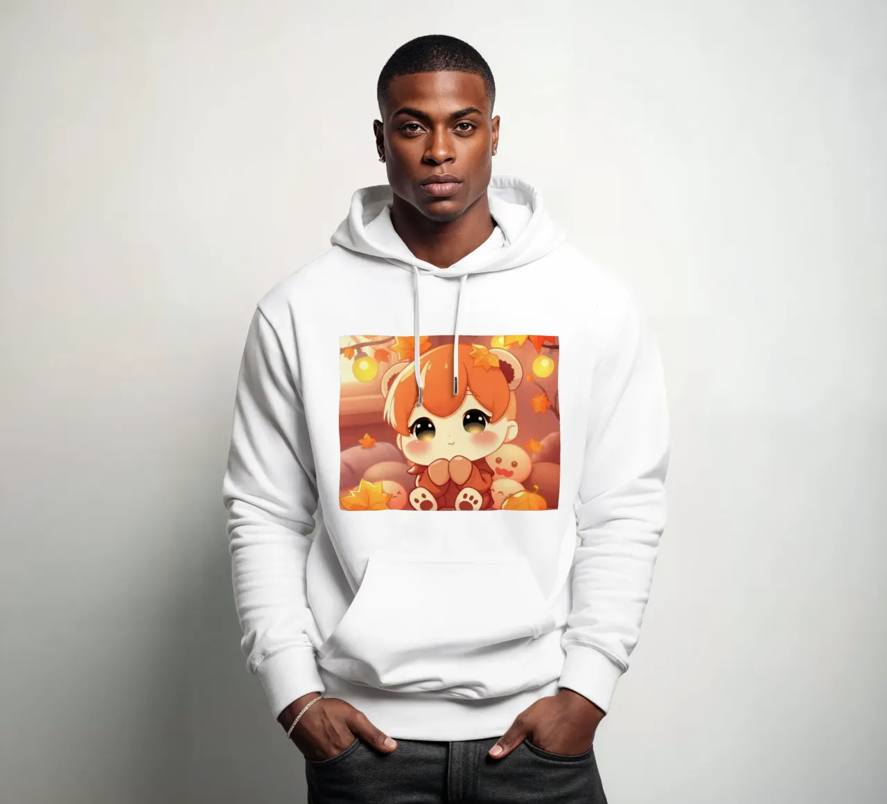 Carino personaggio ragazza autunno seduto tra foglie colorate felpa con cappuccio da DesignDoodle