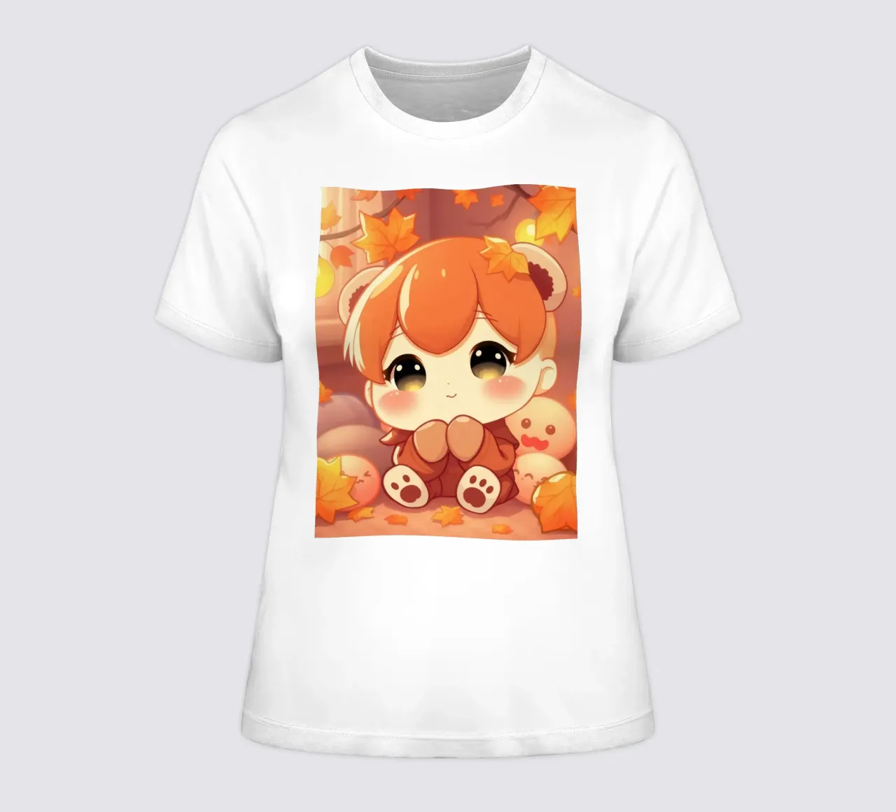 Cute autumn girl character sitting among colorful leaves women's fitted t-shirt by DesignDoodle