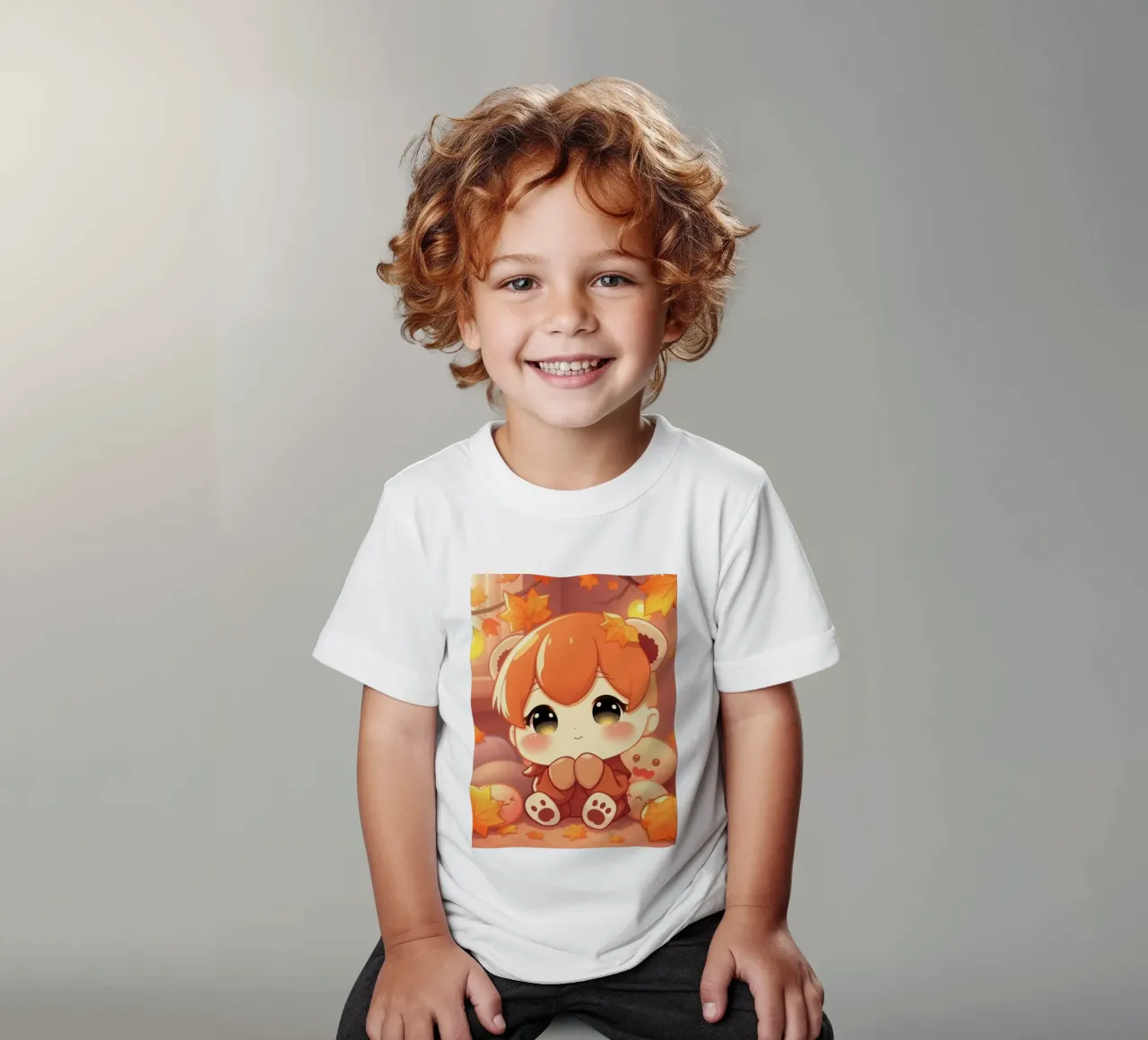Cute autumn girl character sitting among colorful leaves kids t-shirt by DesignDoodle