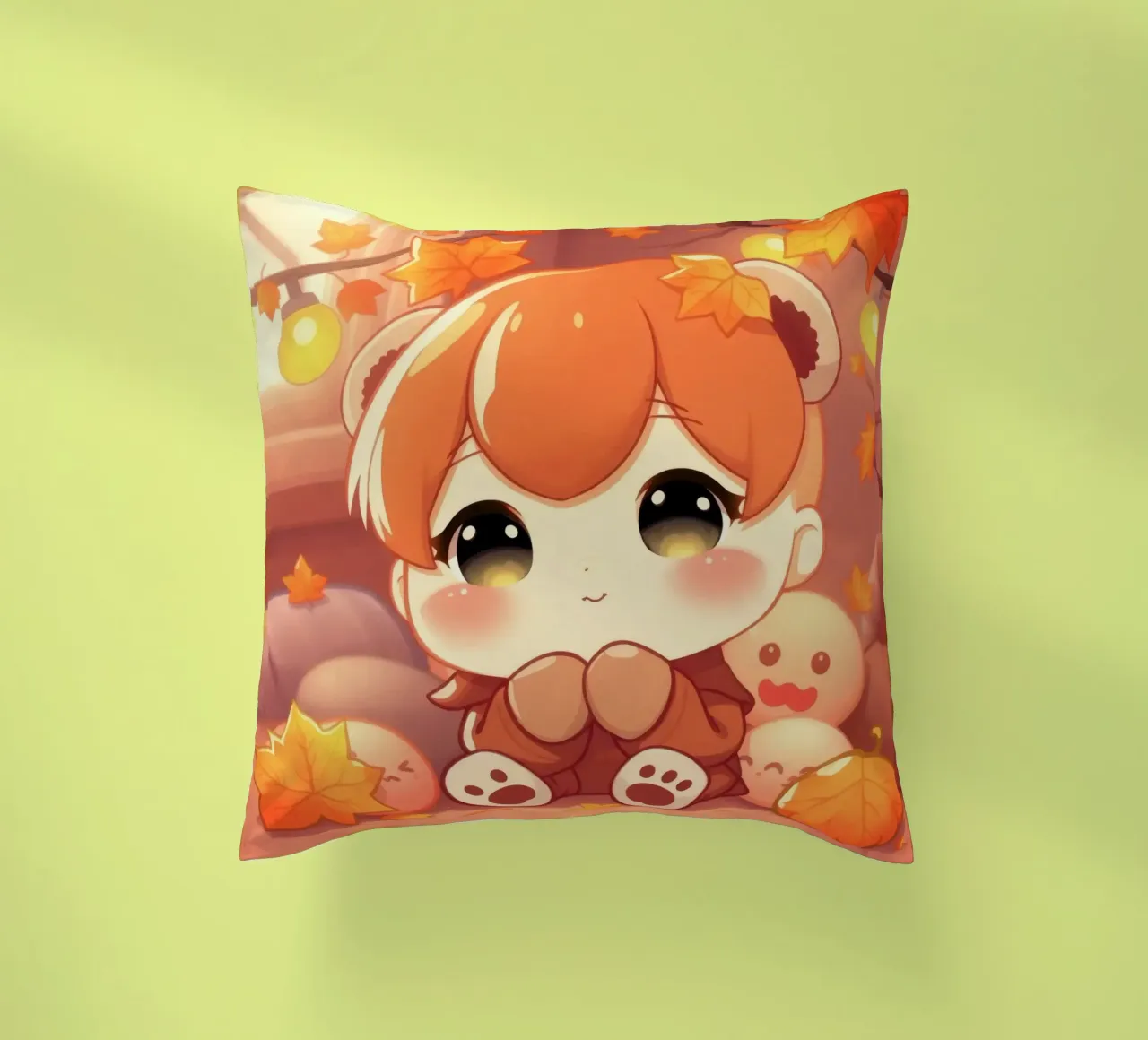 Carino personaggio ragazza autunno seduto tra foglie colorate cuscino da DesignDoodle