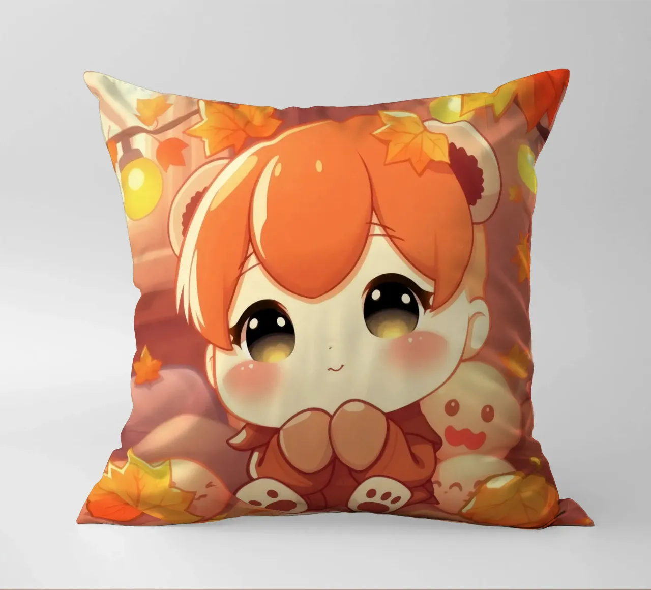 Carino personaggio ragazza autunno seduto tra foglie colorate cuscino da DesignDoodle