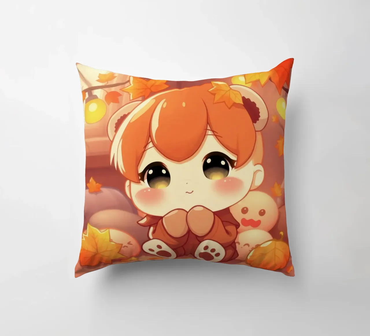 Carino personaggio ragazza autunno seduto tra foglie colorate cuscino da DesignDoodle