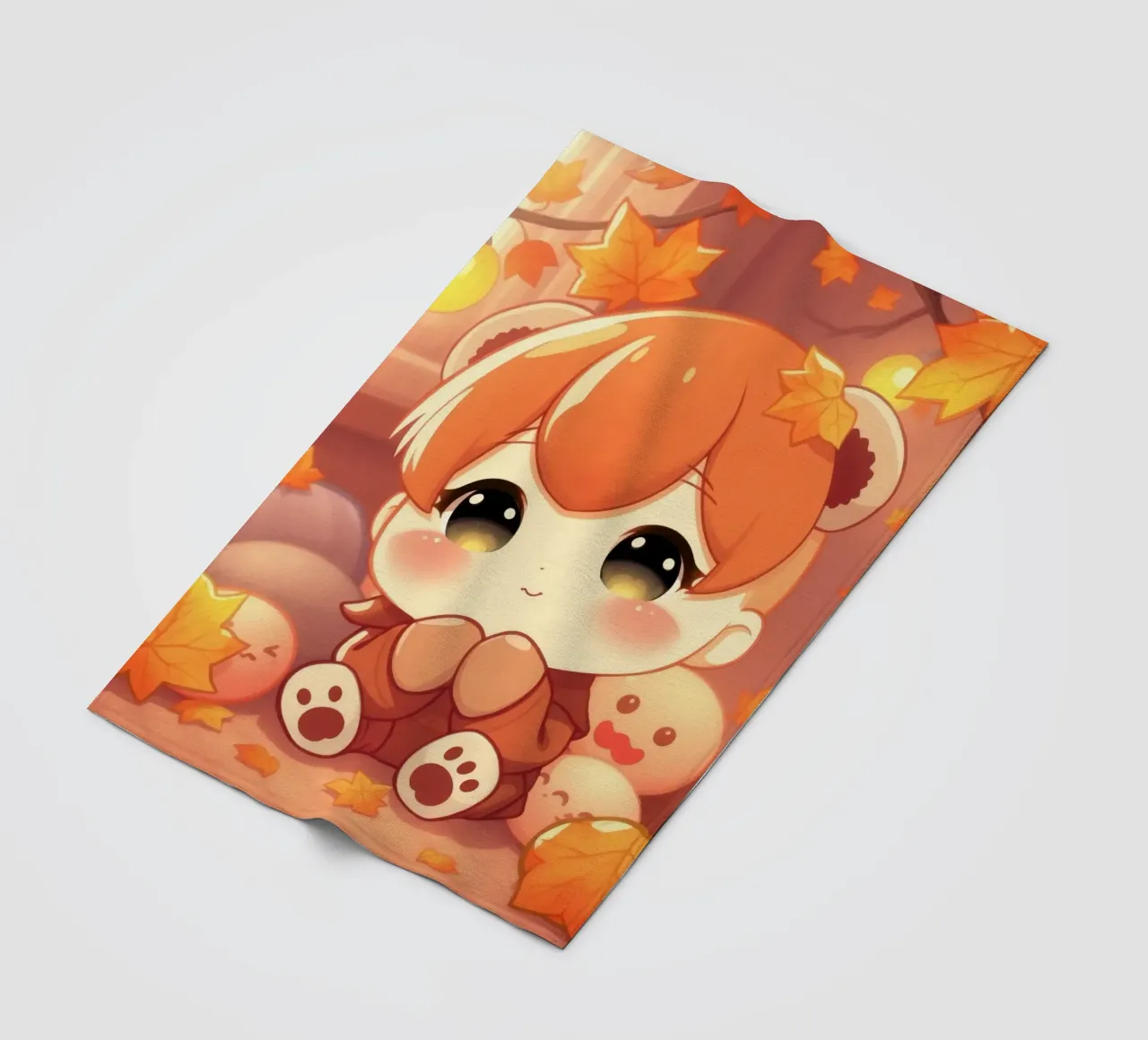 Carino personaggio ragazza autunno seduto tra foglie colorate coperta in pile da DesignDoodle