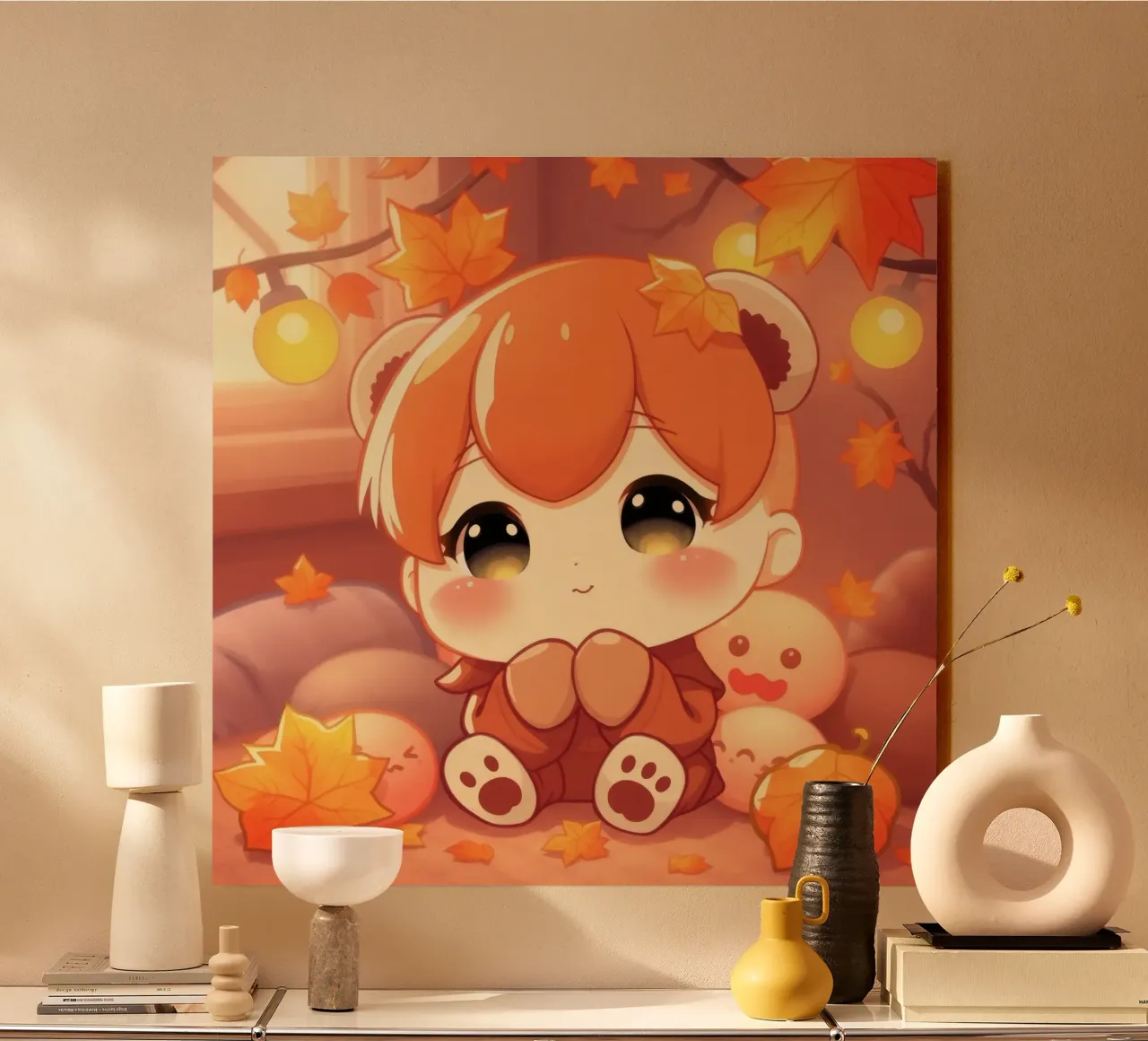 Carino personaggio ragazza autunno seduto tra foglie colorate alluminio dibond da DesignDoodle