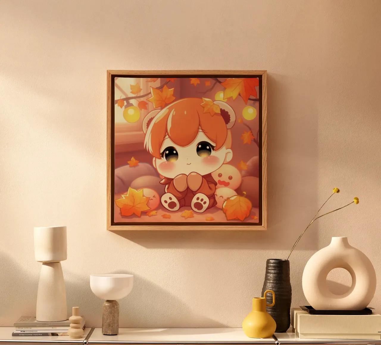 Schattig herfst meisje dat onder kleurrijke bladeren zit canvas met Baklijst van DesignDoodle