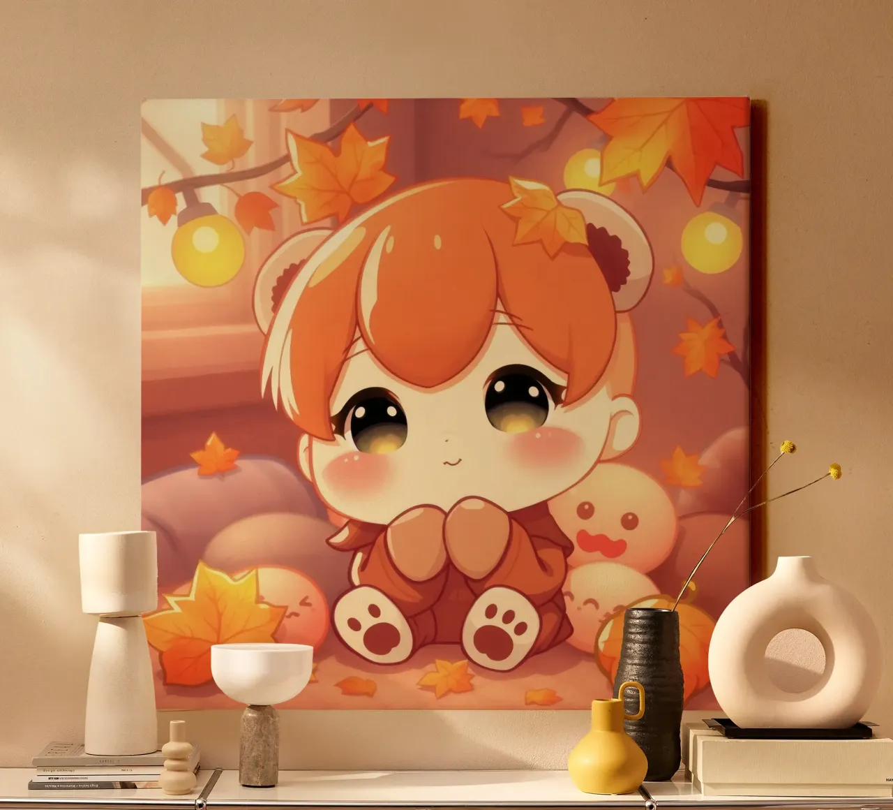 Schattig herfst meisje dat onder kleurrijke bladeren zit canvas met Baklijst van DesignDoodle