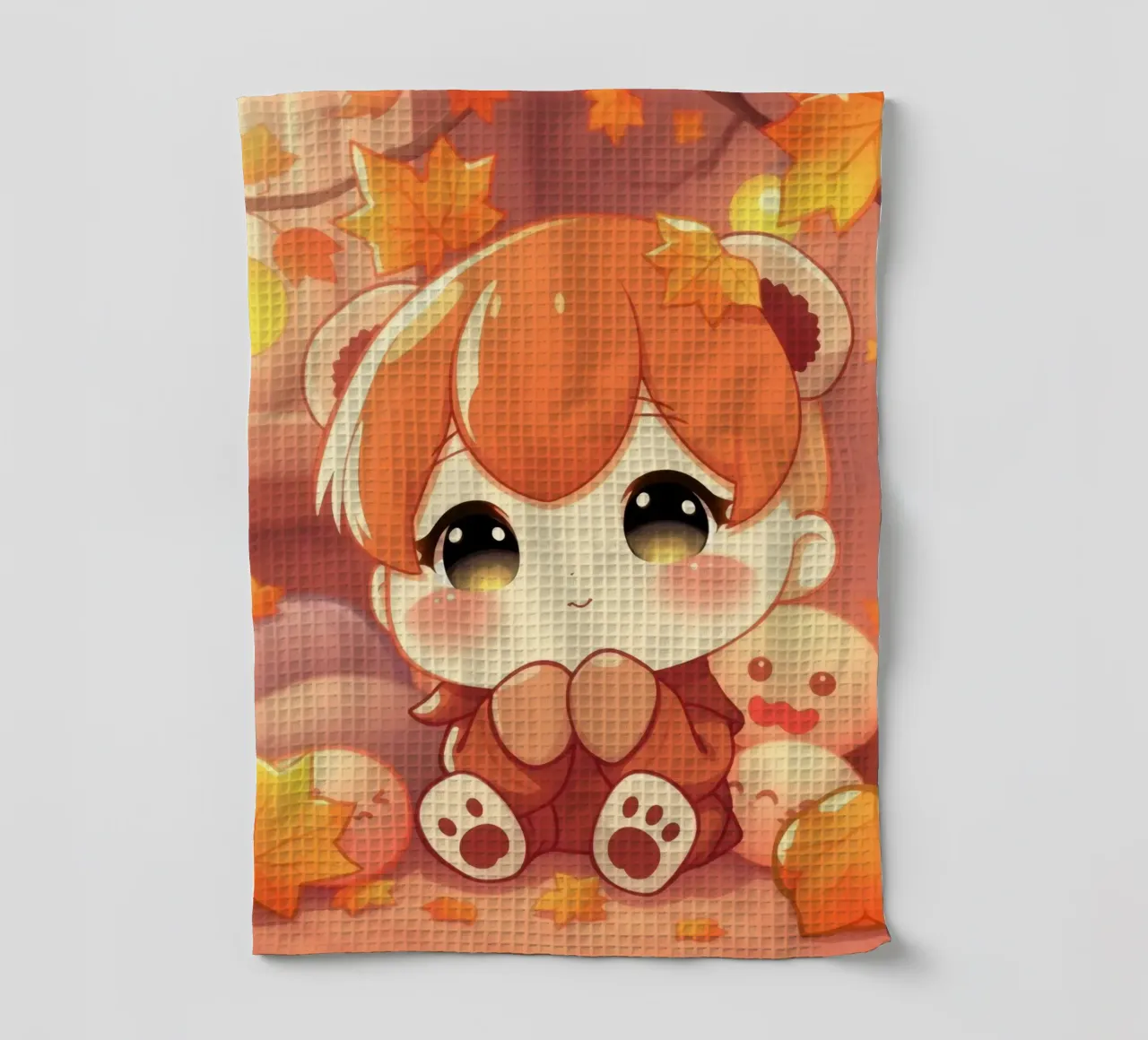 Carino personaggio ragazza autunno seduto tra foglie colorate canovaccio da cucina da DesignDoodle