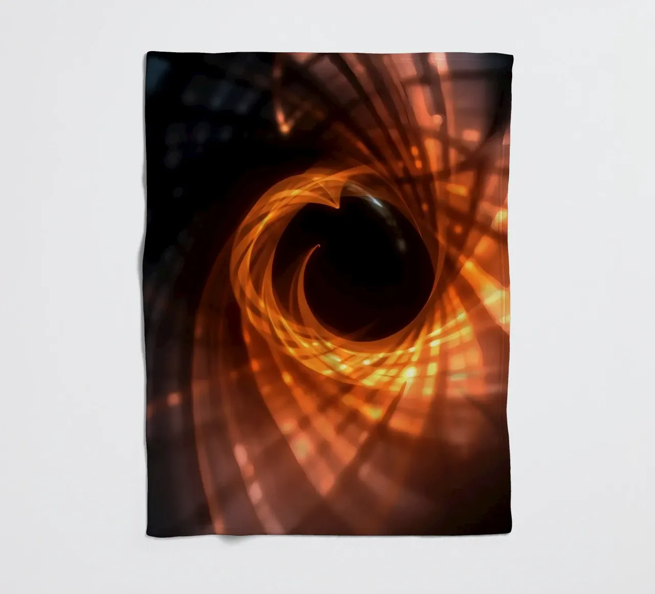 Swirling patterns of orange and black create an abstract art fleece blanket by DesignDoodle